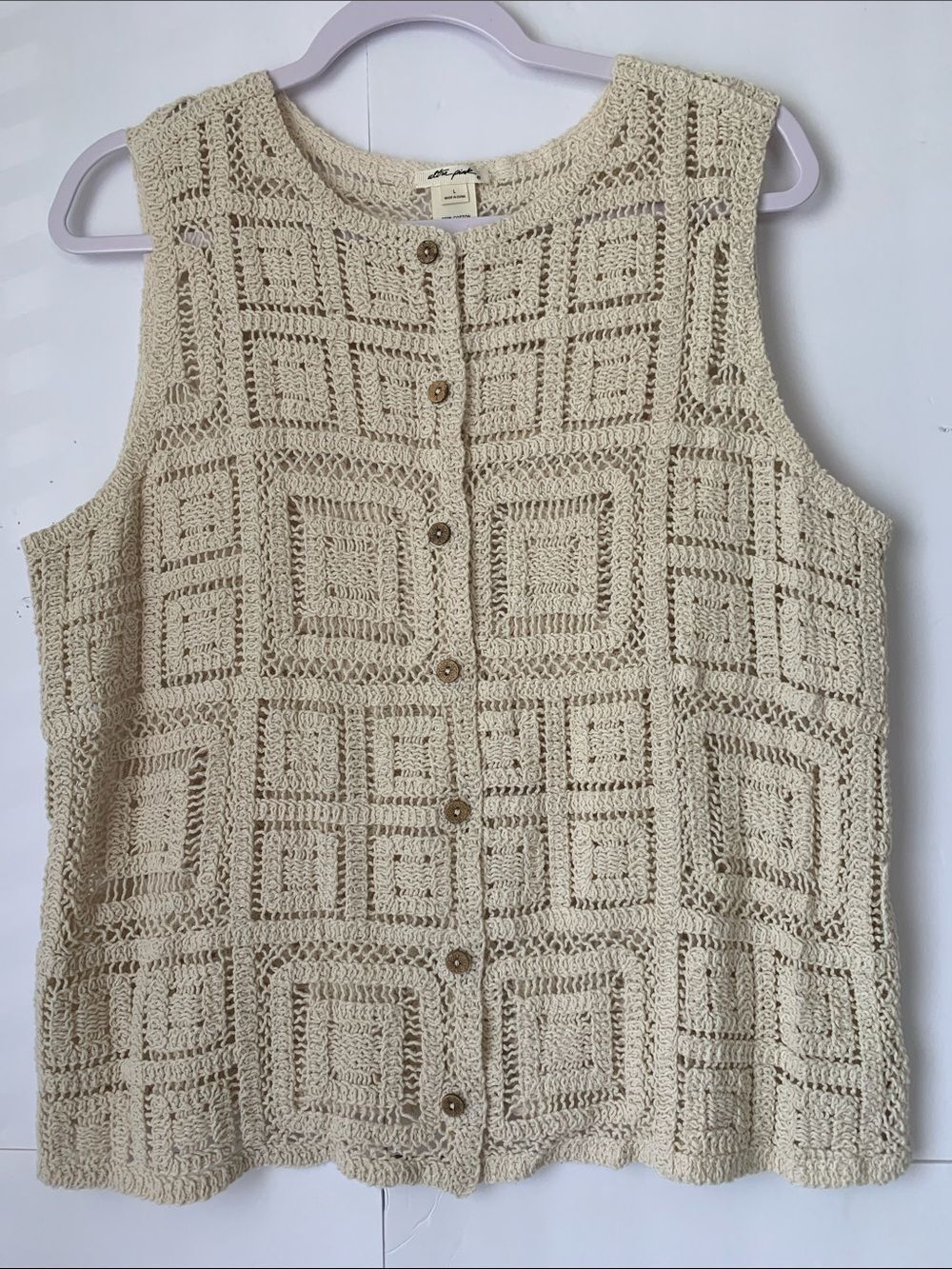Ultra Pink Cream Crochet Button-Front Sleeveless Top Vest Size L